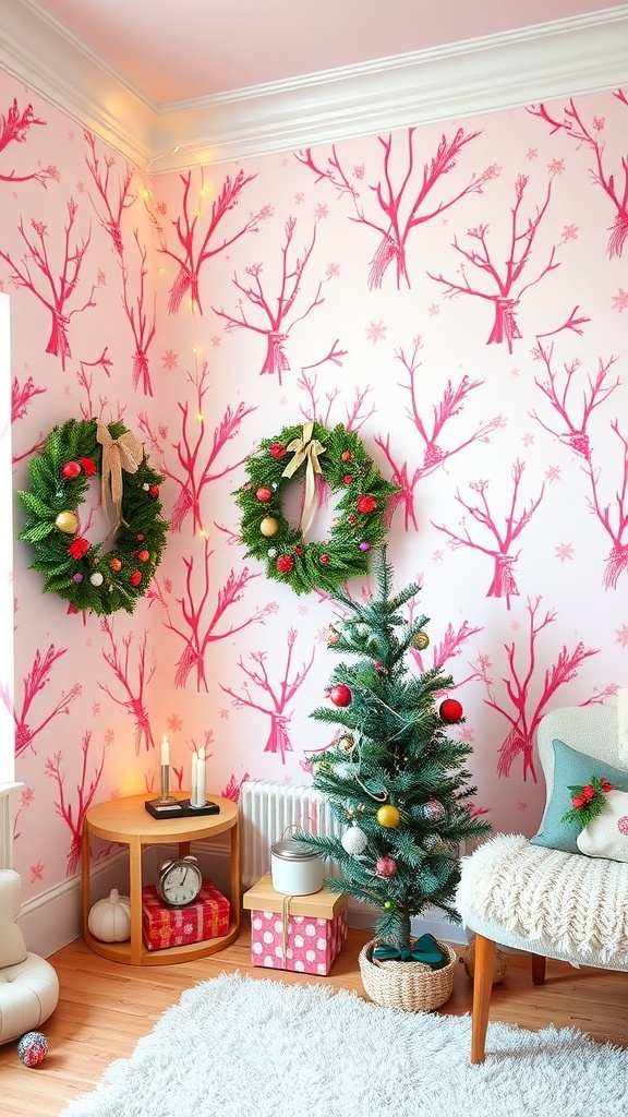 A room with pink Christmas tree wallpaper, decorated for the holidays.